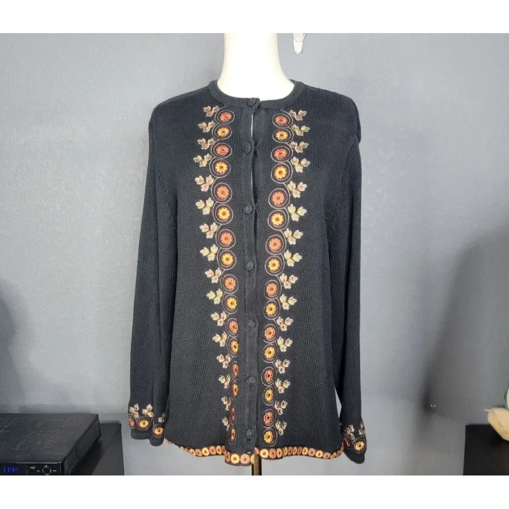 Vtg Bechamel Womens L Black Knit Embroidered Autum Leave Floral Button Cardigan